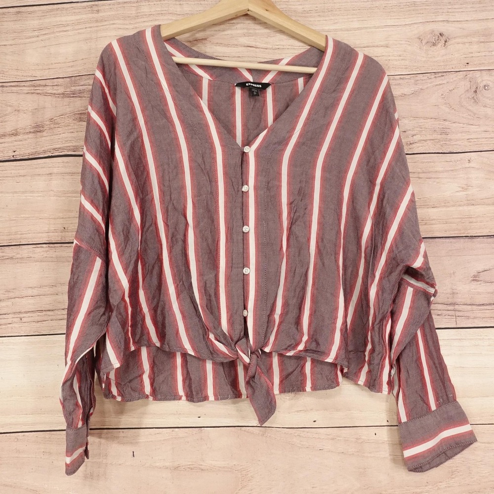 Express Blouse Womens S Purple Striped V-Neck Long Sleeve Tie Front Cropped Top